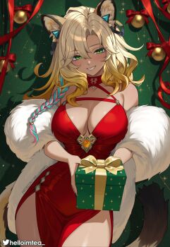 1girl animal_ear_fluff animal_ears aqua_hair bare_shoulders blonde_hair breasts cleavage commentary dress english_commentary fingernails fur_trim genshin_impact geo_symbol_(genshin_impact) gift green_eyes hair_between_eyes helloimtea highres holding holding_gift jaguar_ears large_breasts long_hair looking_at_viewer multicolored_hair nail_polish patreon_username pink_hair red_dress red_ribbon ribbon sleeveless sleeveless_dress solo twitter_logo twitter_username upper_body very_long_hair vision_(genshin_impact) xilonen_(genshin_impact)