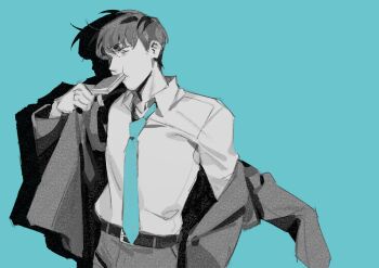 Rule 34 | 1boy, belt, black jacket, blue necktie, bread, bread slice, collared shirt, commentary, cowboy shot, dressing, drop shadow, eating, food, food in mouth, highres, jacket, kim dokja, male focus, mouth hold, necktie, nemomosso, omniscient reader's viewpoint, shirt, shirt tucked in, short hair, solo, symbol-only commentary, toast, toast in mouth, white shirt