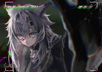 1girl animal_ears arknights blood blood_on_face blue_eyes blurry blurry_background camera_feed chromatic_aberration commentary_request crack damaged depth_of_field glitch grey_hair hair_between_eyes highres kisyaku3 lappland_(arknights) lappland_the_decadenza_(arknights) long_hair looking_at_viewer parted_lips recording solo timestamp upper_body viewfinder wolf_ears wolf_girl
