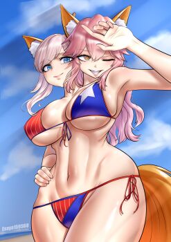 2girls absurdres american_flag american_flag_bikini american_flag_print animal_ears beach bikini breasts commentary_request conjoined esaya159568 fate/grand_order fate_(series) flag_print flag_print_bikini fox_ears fox_tail highres large_breasts miyamoto_musashi_(fate) multiple_girls navel original print_bikini smile swimsuit tail tamamo_no_mae_(fate) tamamo_no_mae_(mythology)