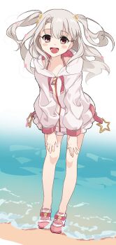1girl :d akaneko016 aliasing bare_legs blush_stickers bow curtained_hair drawstring fate/kaleid_liner_prisma_illya fate_(series) floating_hair flower_hairpin footwear_bow frilled_jacket frills full_body gradient_background halterneck hands_on_own_knees highres hood hood_down hooded_jacket illyasviel_von_einzbern jacket long_eyelashes long_hair long_sleeves looking_at_viewer ocean official_alternate_costume official_alternate_hairstyle open_mouth pink_bow pink_shoes red_eyes shoes shore signature simple_background sleeve_cuffs smile solo standing star_(symbol) two_side_up wading white_background white_hair white_jacket zipper zipper_pull_tab