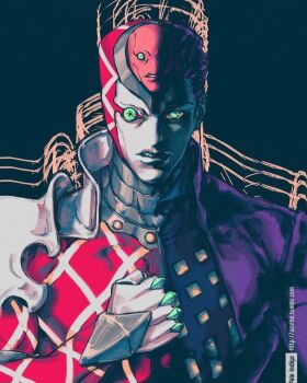 1boy 1other diavolo epitaph_(jojo) green_eyes jacket jojo_no_kimyou_na_bouken king_crimson_(stand) looking_at_viewer non-web_source official_alternate_costume purple_jacket shoulder_pads stand_(jojo) teeth tuxedo vento_aureo