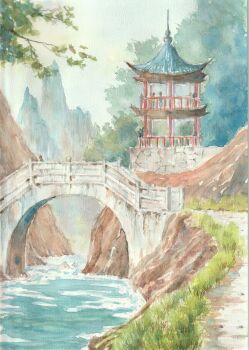 arch architecture bridge commentary_request day east_asian_architecture gazebo grass highres landscape original outdoors painting_(medium) paruperu path people river road scenery traditional_media watercolor_(medium)