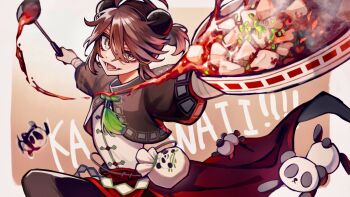 1boy 9csgi :d ahoge animal_ears bandaged_arm bandages black_jacket brown_hair chinese_clothes clothing_request cropped_jacket curry fang floating_clothes food half-closed_eye highres holding holding_ladle holding_plate identity_v jacket ladle looking_at_viewer lower_eyelashes_only luca_balsa male_focus open_mouth panda panda_boy panda_ears plate ponytail pouch protected_link sauce short_ponytail sidelocks skin_fang smile solo twitter_username yellow_eyes