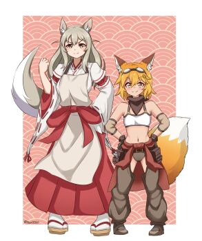 2girls absurdres adjustable_wrench animal_ear_fluff animal_ears apron blonde_hair blush boots breasts brown_apron brown_footwear brown_hair clothes_around_waist cosplay costume_switch cowboy_boots crossover detached_sleeves elbow_pads fox fox_ears fox_girl fox_tail full_body goggles goggles_on_head hair_flaps hakama hakama_skirt hands_on_own_hips highres japanese_clothes kimono kitsune lily_the_mechanic long_hair looking_at_viewer lost_pause mechanic miko multiple_girls navel puffy_detached_sleeves puffy_sleeves red_hakama ribbon-trimmed_sleeves ribbon_trim senko_(sewayaki_kitsune_no_senko-san) senko_(sewayaki_kitsune_no_senko-san)_(cosplay) sewayaki_kitsune_no_senko-san short_hair skirt smile standing tail tail_raised tool_belt tools trait_connection v-shaped_eyebrows white_kimono wrench yellow_eyes ysui0000