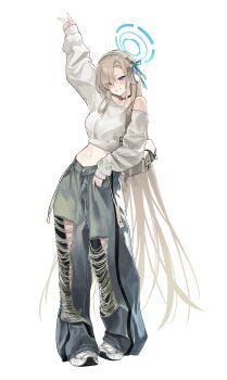 1girl absurdres asuna_(blue_archive) bag blonde_hair blue_archive blue_eyes blue_halo blue_pants blush breasts choker collarbone crop_top denim grin hair_over_one_eye halo headphones highres large_breasts long_hair long_sleeves looking_at_viewer midriff minj_kim navel pants puffy_long_sleeves puffy_sleeves shoes shoulder_bag single_bare_shoulder smile sneakers solo sweater torn_clothes torn_pants v very_long_hair white_shoes white_sweater