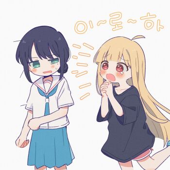 Rule 34 | 2girls, ahoge, aqua eyes, begging, black hair, black shirt, blonde hair, blue neckerchief, blue skirt, blush, cho kaguya-hime!, collarbone, commentary request, dolphin shorts, highres, interlocked fingers, kaguya (cho kaguya-hime!), korean commentary, korean text, leg up, long shirt, looking at another, medium skirt, multiple girls, neckerchief, open mouth, pink shorts, raised inner eyebrows, red eyes, sailor collar, sakayori iroha, school uniform, serafuku, shirt, short sleeves, shorts, simple background, skirt, sururufu, sweatdrop, translation request, uneven eyes, white background, white sailor collar, white shirt