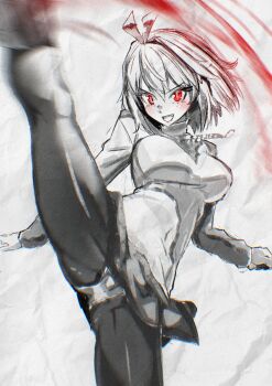 1girl absurdres ahoge antenna_hair arcueid_brunestud attack blonde_hair blush boots breasts flying_kick fukou genocide_cutter high_kick highres jewelry kicking large_breasts leg_lift leg_up long_sleeves looking_at_viewer melty_blood miniskirt motion_blur open_mouth panties panties_under_pantyhose panties_visible_through_clothes pantyhose pantyshot parody partially_colored red_eyes rugal_bernstein short_hair skirt smile solo split sweater teeth the_king_of_fighters tsukihime tsukihime_(remake) turtleneck turtleneck_sweater underwear upskirt vampire white_sweater