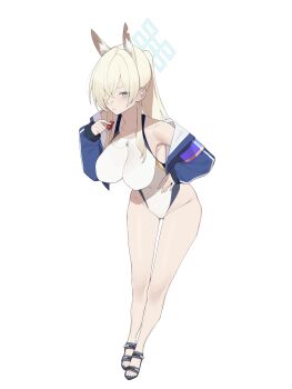 1girl absurdres animal_ear_fluff animal_ears armband blonde_hair blue_archive blue_eyes blue_halo blue_jacket breasts competition_swimsuit covered_navel dog_ears dog_girl extra_ears full_body hair_over_one_eye halo highleg highleg_one-piece_swimsuit highres jacket kanna_(blue_archive) kanna_(swimsuit)_(blue_archive) kurowanjjyang large_breasts leaning_forward long_hair looking_at_viewer notched_ear official_alternate_costume one-piece_swimsuit ponytail purple_armband sandals simple_background solo swimsuit whistle whistle_around_neck white_background white_one-piece_swimsuit