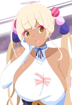 blonde_hair breasts dress elbow_gloves erikuukun gloves hair_ornament hand_on_own_face highres hololive hololive_english large_breasts limiter_(tsukumo_sana) long_hair open_mouth planet_hair_ornament smile solo tsukumo_sana tsukumo_sana_(1st_costume) twintails very_long_hair virtual_youtuber white_dress white_gloves yellow_eyes