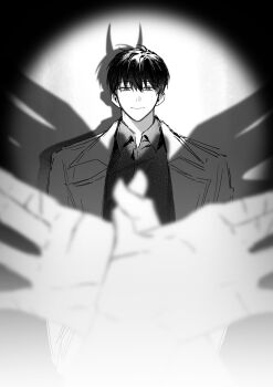 Rule 34 | 1boy, 1other, absurdres, black hair, black shirt, coat, collared shirt, demon horns, different shadow, drop shadow, greyscale, highres, horns, kim dokja, monochrome, omniscient reader's viewpoint, open clothes, open coat, popped collar, pov, pov hands, shadow puppet, shirt, short hair, spotlight, tanppopo9, upper body, wings