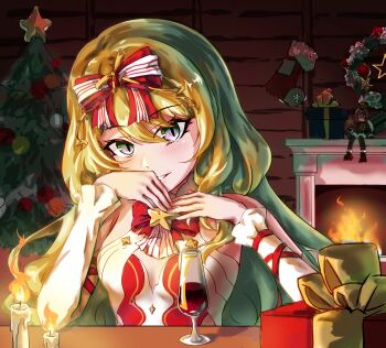 1girl box breasts candle chimney chinese_commentary christmas_tree christmas_wreath commentary_request cup dress drinking_glass gift gift_box green_hair highres honkai_(series) honkai_impact_3rd indoors long_hair looking_at_viewer mobius_(honkai_impact) official_alternate_costume oshino_ogi red_dress red_socks small_breasts socks solo very_long_hair vill-v wine_glass wreath