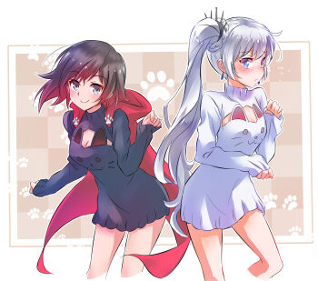 2girls animal_band blue_eyes blush cape cleavage_cutout clothing_cutout commentary_request dress grey_eyes highres iesupa long_hair multiple_girls open-chest_sweater paw_pose paw_print ruby_rose rwby short_hair sweater sweater_dress very_long_hair weiss_schnee white_hair
