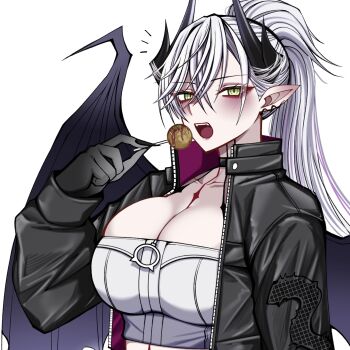 1girl black_hands blush breasts colored_extremities commentary_request demon_girl demon_wings fate/grand_order fate_(series) green_eyes highres large_breasts lilith_(fate) long_hair long_sleeves looking_at_viewer mcpc_zamurai open_mouth solo wings