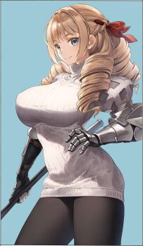 Rule 34 | 1girl, absurdres, armor, black gloves, blonde hair, blue eyes, blush, bow, breasts, brown hair, brown pantyhose, closed mouth, drill hair, elbow gloves, gauntlets, gloves, hair bow, hair ribbon, highres, kei (soundcross), large breasts, long hair, long sleeves, looking at viewer, pantyhose, polearm, ribbed sweater, ribbon, scarlett (unicorn overlord), smile, solo, sweater, thighs, turtleneck, turtleneck sweater, unicorn overlord, vanillaware, weapon, white sweater