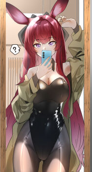 1girl ? alternate_costume animal_ears arknights arm_up armpits black_bow black_leotard bow breasts brown_pantyhose cellphone cleavage commentary_request covered_mouth covered_navel cowboy_shot detached_collar front-seamed_legwear hair_bow hair_intakes holding holding_phone indoors jacket large_breasts leotard long_hair looking_at_phone mirror mirror_selfie open_clothes open_jacket pantyhose phone playboy_bunny purple_eyes purple_hair rabbit_ears rabbit_girl ray_(arknights) reflection reflection_focus seamed_legwear selfie sidelocks smartphone solo spoken_question_mark standing strapless strapless_leotard taking_picture thigh_gap thighs very_long_hair yellow_jacket z_(knkr1025)