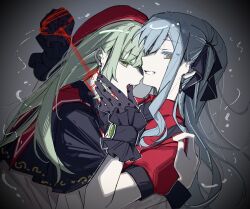 2girls ascot bang_dream! bang_dream!_it&#039;s_mygo!!!!! beret black_ascot black_capelet black_ribbon black_sleeves blue_hair capelet collar collared_shirt detached_sleeves dim_lighting earrings face-to-face finger_to_another&#039;s_mouth frilled_sleeves frills from_side gloves green_brooch green_hair grey_background grey_gloves grin hair_between_eyes hair_ribbon hand_on_another&#039;s_face hand_on_another&#039;s_shoulder hand_up hashtag-only_commentary hat highres holding holding_leash jewelry leash long_hair long_sidelocks long_sleeves looking_at_viewer mortis_(bang_dream!) mortis_(costume)_(bang_dream!) multiple_girls no_mask oblivionis_(bang_dream!) open_mouth profile puffy_short_sleeves puffy_sleeves red_hat red_shirt ribbon see-through_clothes see-through_sleeves shirt short_sleeves sidelocks sideways_mouth smile togawa_sakiko tri_ever two_side_up upper_body vignetting wakaba_mutsumi yellow_eyes yuri