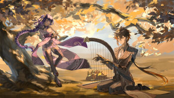 1boy 1girl black_gloves blue_sky braid branch breasts bridal_gauntlets brown_hair chinese_clothes chinese_commentary cleavage cloud cloudy_sky commentary_request couple dappled_sunlight formal_clothes genshin_impact gloves gradient_hair hair_between_eyes hair_ornament highres instrument japanese_clothes large_breasts leaning_back long_braid long_sleeves looking_down low_ponytail multicolored_hair music off_shoulder orange_eyes outdoors pants playing_instrument ponytail purple_eyes purple_hair raiden_shogun shade single_braid sitting sky sl16sl16 standing suit sunlight tree tree_shade under_tree wariza zhongli_(genshin_impact)