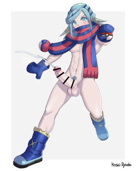 1boy abs aqua_eyes aqua_hair bar_censor blue_boots blue_mittens boots breath censored commentary_request cum ejaculation full_body grusha_(pokemon) highres holding holding_poke_ball knees kosei_ryuda large_penis legs_apart looking_at_viewer male_focus male_pubic_hair mittens navel nintendo penis poke_ball poke_ball_(basic) pokemon pokemon_sv projectile_cum pubic_hair scarf scarf_over_mouth signature solo standing striped_clothes striped_scarf testicles
