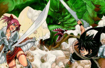 Rule 34 | ailee jeskar, battle, belt, black hair, breasts, capcom, cleavage, monster hunter (series), monster hunter orage, pink hair, rathian, ryuho shiki, short hair, sword, tagme, weapon