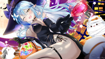 1girl ahoge bare_shoulders black_gloves black_hat black_panties blue_hair blush bodystocking breasts candy cleavage commentary_request cowboy_shot elbow_gloves elf food full_moon gloves halloween hat heart heart_ahoge highres holding holding_candy holding_food holding_lollipop hololive large_breasts lollipop mizuno_kurage moon one_eye_closed open_mouth panties pointy_ears see-through_clothes side-tie_panties smile sunset underwear virtual_youtuber witch witch_hat yellow_eyes yukihana_lamy yukimin_(yukihana_lamy)