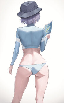 1girl afe. ass bare_legs blue_archive bob_cut bucket_hat butt_crack commentary facing_away feet_out_of_frame from_behind hat highres holding holding_map kneepits long_sleeves map median_furrow official_alternate_costume purple_hair rash_guard saki_(blue_archive) saki_(swimsuit)_(blue_archive) short_hair simple_background solo white_background