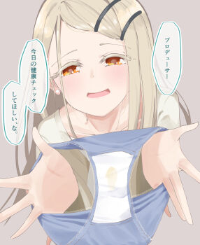 1girl absurdres blonde_hair blue_panties brown_shirt commentary_request from_above gakuen_idolmaster grey_background hair_ornament hairclip highres holding holding_panties holding_underwear holding_unworn_clothes idolmaster ikayaki-san long_hair looking_at_viewer open_mouth orange_eyes panties parallel_hairclips pee_stain presenting_removed_panties shinosawa_hiro shirt simple_background solo speech_bubble stained_panties standing straight_hair translation_request underwear unworn_panties variant_set