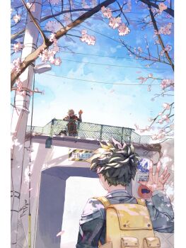 Rule 34 | 2boys, absurdres, backpack, bag, bakugou katsuki, blonde hair, blue sky, boku no hero academia, border, bridge, cherry blossoms, cloud, commentary request, falling petals, from behind, highres, looking at another, male focus, midoriya izuku, multiple boys, petals, pillarboxed, scar, scar on hand, short hair, sky, spiked hair, standing, superhero costume, unou (unou mha), utility pole, white border, yellow bag