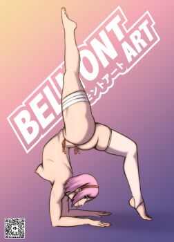 1girl belmont_art bikini bikini_under_clothes boruto:_naruto_next_generations breasts haruno_sakura highres mature_female medium_breasts nails naruto_(series) nude pink_hair short_hair solo stretching swimsuit thighhighs thighs thong yoga