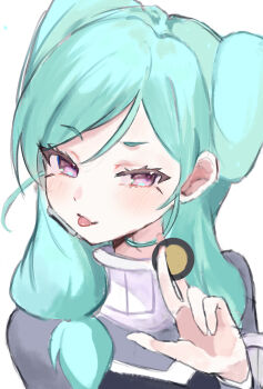 1girl absurdres aqua_hair beta_(inazuma_eleven) blush coccofyze highres inazuma_eleven_(series) inazuma_eleven_go inazuma_eleven_go_chrono_stone long_hair looking_at_viewer pink_eyes protocol_omega simple_background sketch solo tongue tongue_out upper_body white_background