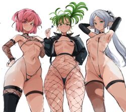 3girls alternate_costume crossover doki_doki_literature_club frieren green_eyes highres multiple_crossover multiple_girls natsuki_(doki_doki_literature_club) one-punch_man petite pink_hair rakeemspoon sousou_no_frieren tatsumaki