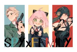Rule 34 | 1boy, 2girls, ahoge, anya (spy x family), black dress, blonde hair, breasts, bun cover, clenched hands, closed mouth, collared shirt, cone hair bun, dress, flower, gold hairband, golden rose, green eyes, gun, hair bun, hair flower, hair ornament, hairband, hands up, holding, holding gun, holding weapon, large breasts, looking to the side, multiple girls, open mouth, red ribbon, ribbon, sapphire (nine), shirt, sleeveless, sleeveless dress, smile, spy x family, twilight (spy x family), weapon, white shirt, yor briar