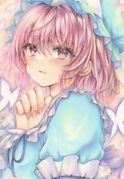 1girl 2424yume absurdres blue_hat blue_kimono blush bug butterfly commentary hat highres insect japanese_clothes kimono looking_at_viewer marker_(medium) mob_cap neck_ribbon open_mouth pink_eyes pink_hair pink_nails purple_ribbon ribbon saigyouji_yuyuko sleeve_garter smile solo touhou traditional_media triangular_headpiece