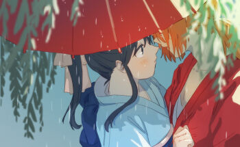 1boy 1girl black_hair blue_kimono blurry blurry_foreground blush branch commentary_request couple from_above from_side hair_ribbon high_ponytail highres himura_kenshin japanese_clothes kamiya_kaoru kimono leaf long_hair looking_at_another nasubi_(user_agpx4547) oil-paper_umbrella orange_hair outdoors pink_ribbon ponytail profile rain red_kimono ribbon rurouni_kenshin sash shared_umbrella sidelocks umbrella upper_body