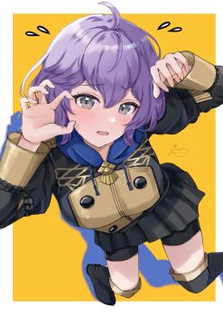 1girl bernadetta_von_varley bike_shorts bike_shorts_under_skirt black_skirt breasts female_focus fire_emblem fire_emblem:_three_houses garreg_mach_monastery_uniform grey_eyes hair_between_eyes highres looking_at_viewer looking_up mugitoro_(dsfv2277) nintendo pleated_skirt purple_hair school_uniform shorts shorts_under_skirt skirt solo