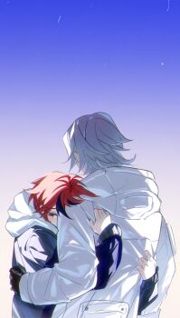 2boys absurdres aotsuki_eito black_gloves black_hair blue_eyes blue_jacket blush chinese_commentary chromatic_aberration commentary_request gloves grey_hair grey_jacket highres hug jacket jiang263 long_sleeves male_focus multicolored_hair multicolored_jacket multiple_boys outdoors red_hair short_hair single_tear sky streaked_hair sumino_takumi the_hundred_line_-last_defense_academy- two-tone_hair two-tone_jacket white_jacket