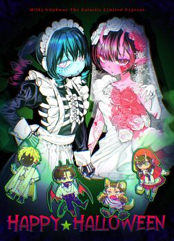 3boys 3girls absurdres animal_ears animal_hands antennae apron black_dress blonde_hair blood blood_on_clothes blue_skin bridal_veil brown_hair chibi chibi_inset colored_skin commentary_request copyright_name daidouji_akane dress drill_hair eyelashes facial_mark floral_print frilled_apron frills gloves hair_between_eyes halloween halloween_costume happy_halloween heart heart_facial_mark highres hood hood_up horns iwao_kanata kujo_chiharu kurt_cramer kurusu_makina_(milky_galactic_universe) long_hair maid maid_headdress max_mccalister milky_subway multiple_boys multiple_girls parted_lips paw_gloves paw_shoes pink_skin pointy_ears robot_girl short_hair simple_background star_(symbol) su5ooo tail v veil wedding_dress white_dress wings