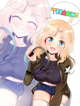 1girl black_shirt blonde_hair blue_eyes blue_shorts blush breasts closed_eyes collarbone girls_und_panzer grin headset kay_(girls_und_panzer) kumaisao large_breasts long_hair looking_at_viewer midriff military_uniform multiple_views navel open_mouth saunders_military_uniform shirt short_shorts shorts smile thighhighs white_thighhighs