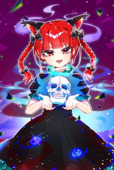 1girl animal_ears black_bow black_dress blunt_bangs bow braid cat_ears commentary cowboy_shot dress extra_ears eyelashes floating_skull hair_bow highres kaenbyou_rin long_hair looking_at_viewer open_mouth puffy_short_sleeves puffy_sleeves red_eyes red_hair short_sleeves sia_6767 skull solo touhou twin_braids