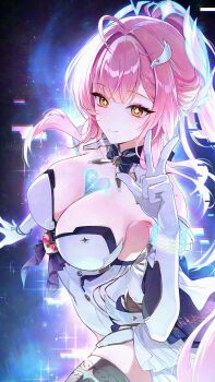1girl aemeath_(wuthering_waves) breasts cleavage closed_mouth commentary covered_navel glitch gloves hand_up highres large_breasts leotard long_hair looking_at_viewer pink_hair showgirl_skirt skirt sky smile solo space ssong990 star-shaped_pupils star_(sky) star_(symbol) starry_sky symbol-shaped_pupils tacet_mark_(wuthering_waves) w white_gloves white_leotard white_skirt wuthering_waves