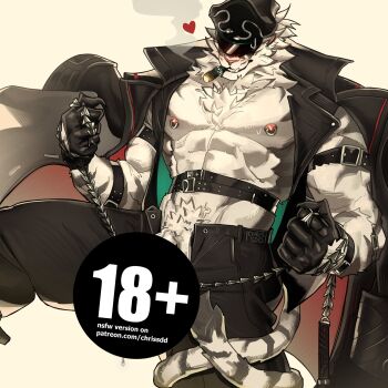 1boy abs absurdres animal_ears animal_nose artist_name bara bare_pectorals biceps black_coat black_gloves black_hat black_pants blush censored chris_sdd cigar coat commentary dislyte furry furry_male gloves grin hat heart highres holding holding_whip jin_qiu_(ru_shou)_(dislyte) leather leather_gloves looking_down male_focus muscular muscular_male nipples open_fly paid_reward_available pants patreon_username pectorals penis penis_peek smile smoke smoking sunglasses symbol-only_commentary tail tiger tiger_boy tiger_ears tiger_stripes tiger_tail unzipped white_background white_fur white_tiger