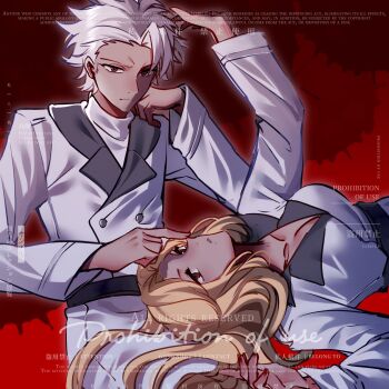 Rule 34 | 1boy, 1girl, alternate costume, bleach, blonde hair, breasts, cleavage, coat, commentary, dark-skinned female, dark-skinned male, dark skin, empty eyes, highres, hitsugaya toushirou, hitsuran99, lap pillow, large breasts, matsumoto rangiku, mole, mole under mouth, official alternate costume, official alternate skin color, red background, red eyes, red nails, sample watermark, serious, splatter background, turtleneck, wandenreich uniform, watermark, white coat, white hair, zombie (bleach)