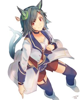 Rule 34 | absurdres, animal ears, bandaid, bandaid on cheek, bandaid on face, black hair, bodice, breasts, choker, cleavage, closed mouth, commentary request, corset, cropped jacket, garter straps, hair between eyes, hair ornament, hairclip, highres, horse ears, horse girl, horse tail, jacket, looking at viewer, medium breasts, official alternate costume, overskirt, pendant choker, purple choker, purple garter straps, purple thighhighs, red corset, red shorts, sasami oishine, shirt, short hair, shorts, simple background, smile, starting future (umamusume), swept bangs, tail, thighhighs, umamusume, white background, white jacket, white shirt, winning ticket (umamusume)