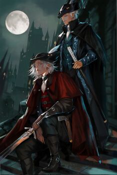 2boys black_cloak black_hat black_pants black_shoes bloodborne blue_coat blue_eyes blue_vest blurry blurry_background blurry_foreground brothers castle cloak closed_mouth coat commentary corrupted_twitter_file dante_(devil_may_cry) devil_may_cry_(series) english_commentary foot_out_of_frame full_moon hat hat_feather henoopd highres holding holding_sword holding_weapon light_particles looking_to_the_side male_focus medium_hair moon multiple_boys night nose pants rebellion_(sword) red_cloak red_vest shirt shoes short_hair siblings sitting sitting_on_stairs stairs standing sword tricorne vergil_(devil_may_cry) vest weapon white_hair white_shirt yamato_(sword)