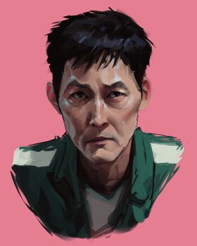 1boy black_eyes black_hair closed_mouth commentary cropped_shoulders green_track_suit highres jacket male_focus open_clothes open_jacket pink_background portrait sam_yang seong_gi-hun shirt short_hair simple_background solo squid_game track_suit white_shirt