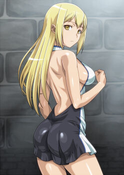 10s 1girl :/ aiz_wallenstein arm_at_side ass back backless_dress backless_outfit bare_arms bare_back bare_legs bare_shoulders black_dress blonde_hair breasts brick clenched_hand cowboy_shot dress dungeon_ni_deai_wo_motomeru_no_wa_machigatteiru_darou_ka expressionless female_focus hand_up large_breasts legs long_hair looking_at_viewer looking_back matching_hair/eyes monteriakitto multicolored_dress pleated_dress shiny_clothes shiny_skin short_dress sideboob solo standing sword_oratoria white_dress yellow_eyes