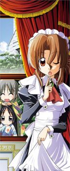 3girls aizawa_sakuya apron apron_lift brown_hair closed_eyes clothes_lift curtains day dress folded_ponytail grey_hair hair_ornament hata_kenjirou hayate_no_gotoku! japanese_clothes jewelry kimono long_hair maid maid_apron maid_headdress maria_(hayate_no_gotoku!) multiple_girls one_eye_closed purple_eyes purple_hair red_eyes saginomiya_isumi sky solo_focus window