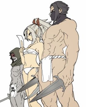 Rule 34 | 1girl, 2boys, barefoot, black hair, black pants, chest sarashi, cloak, dagger, ecchuu fundoshi, elf, fundoshi, green hood, high ponytail, holding, holding dagger, holding knife, holding sword, holding weapon, japanese clothes, kiriha (wizardry), knife, kunai, mask, mouth mask, multiple boys, muscular, muscular male, narita imomushi, navel, ninja, ninja mask, pants, pointy ears, ponytail, protagonist (wizardry variants daphne), red ribbon, ribbon, rinne (wizardry), sarashi, simple background, standing, sword, topless male, underwear, underwear only, weapon, white background, white hair, wizardry, wizardry variants daphne