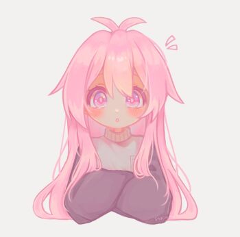 1girl :o antenna_hair blush commentary cropped_torso english_commentary indie_virtual_youtuber long_hair looking_at_viewer mumble_(shachimu) parted_lips pastel_colors pink_eyes pink_hair self-portrait shachi_(shachimu) simple_background solo two-tone_sweater upper_body virtual_youtuber white_background