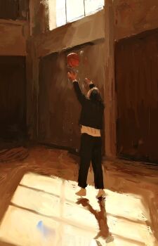 ball basketball basketball_(object) black_hair black_jacket black_pants character_request copyright_request from_behind fuyumurasaki highres indoors jacket pants shadow sunlight throwing window